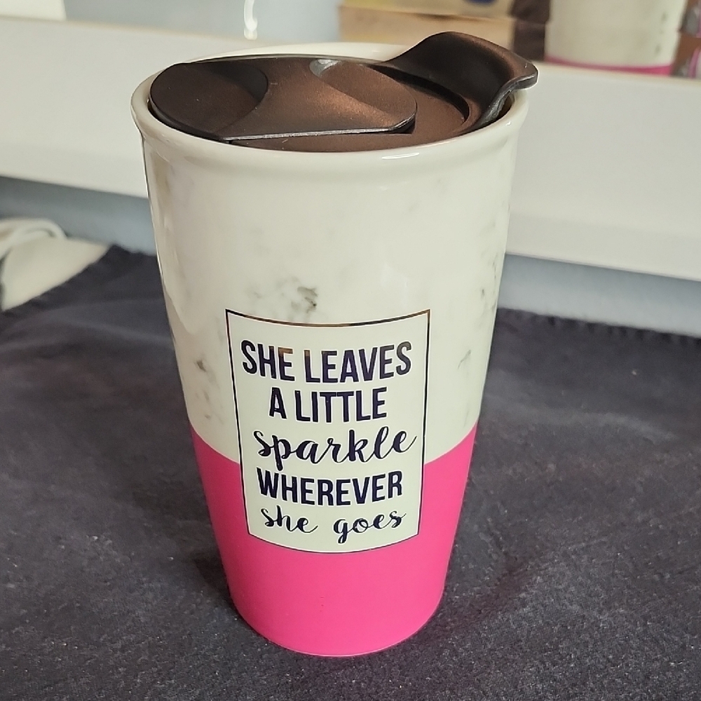 New Pink and White Travel Mug with Inspirational Quote